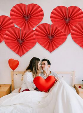 6Pcs Red Heart 12.6inch Paper Fan Flower Wedding Photo Prop
