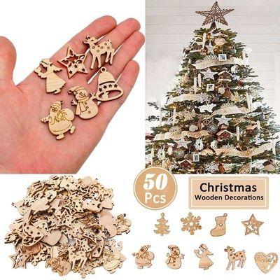 50pcs/Set Mini Christmas Tree Decor Ornaments Wooden Santa C