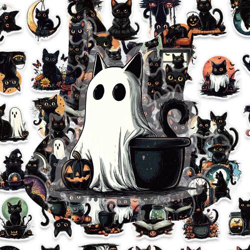 50PCS Halloween Cute Black Cat Art Stickers PET Mysterious B