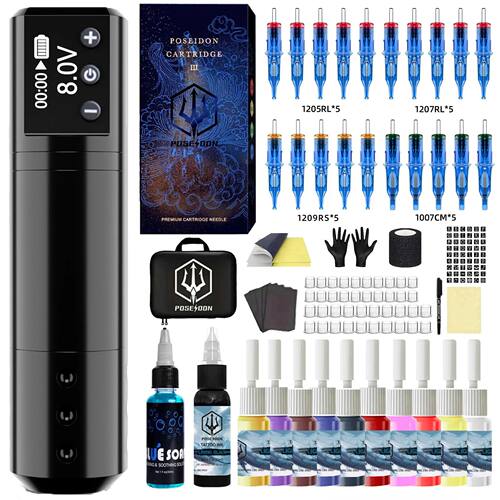 POSEIDON Tattoo Pen Kit Rotary Wireless Tattoo Machine Kit C