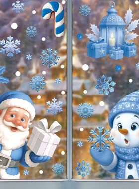 Christmas Blue Snowman Window Stickers Santa Claus Bird Snow