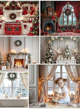 2025 Christmas White Red Curta Backdrop Houses Snow Pine