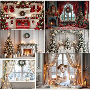 2025 Christmas White Red Curta Backdrop Houses Snow Pine