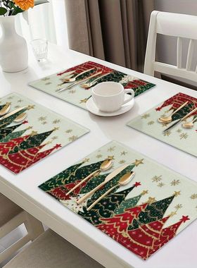 4/6/8/10Pcs Christmas Tree Printed Placemats, Washable Kitch