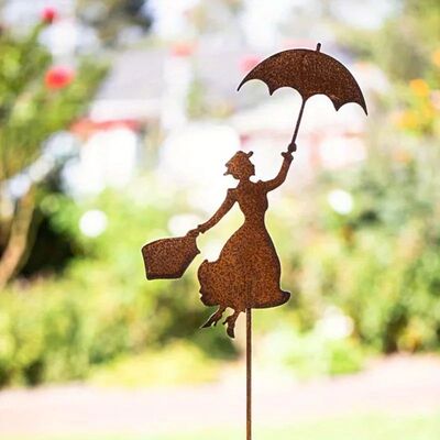 1pc  Metal Rust Garden Decor, Woman with Umbrella Decorative