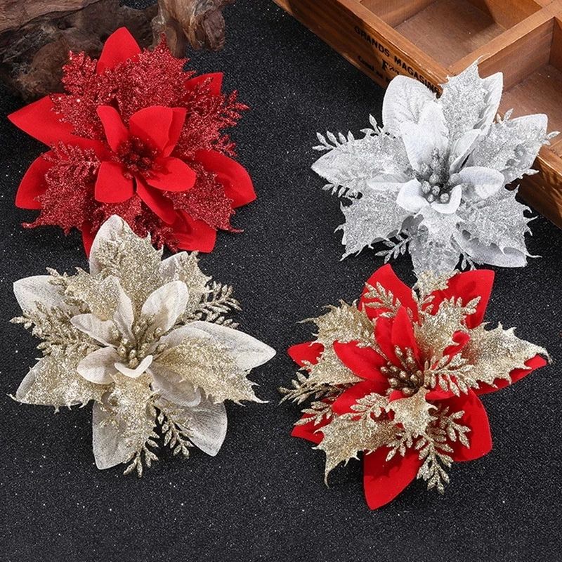 5/10Pcs 14cm Glitter Artificial Christmas Flowers Xmas Tree