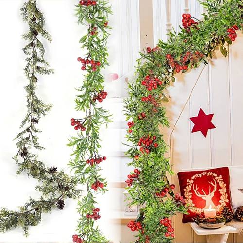 1.5M Christmas Garland Artificial Pine Red Berries Holly Lea