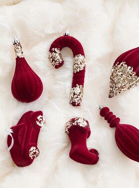 Nordic Christmas Decorations Flocked Burgundy Hanging Orname