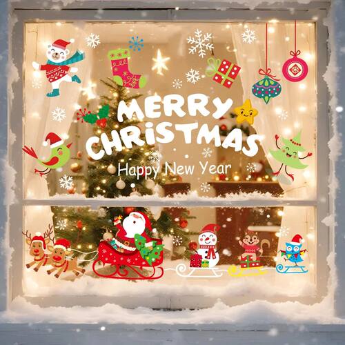 Christmas Window Stickers Santa Claus Sleigh Elk Window Glas