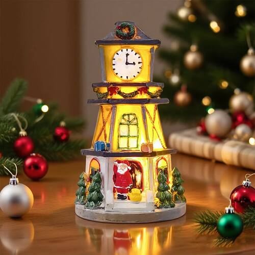 Christmas Village House Bell Tower Decor Figurines Resin Hou