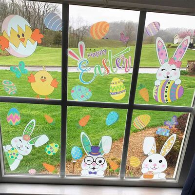 Happy Easter Window Stickers cute Rabbit Eggs Carrot Electro