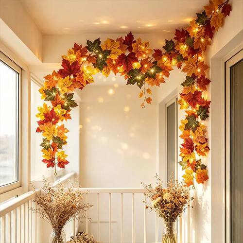 Fall Maple Leaf Garland with Lights, Artificial Autumn Leaf