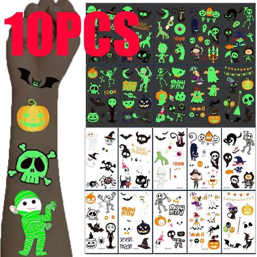 10Sheets/Set Halloween Luminous Tattoo Stickers Ghost Pumpki