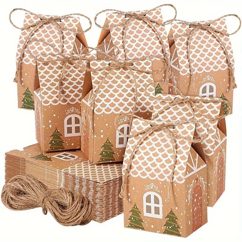 24pcs Christmas Candy Gift Box With Tag Kraft Paper Cookie S