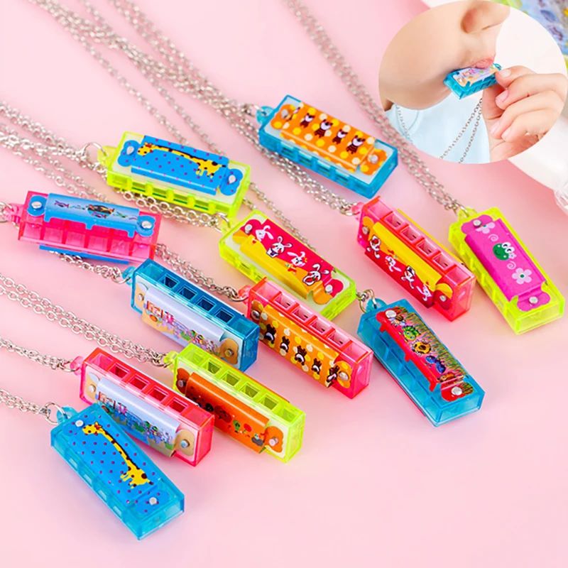 10Pcs Cartoon Mini Harmonica with Necklace Musical Instrumen