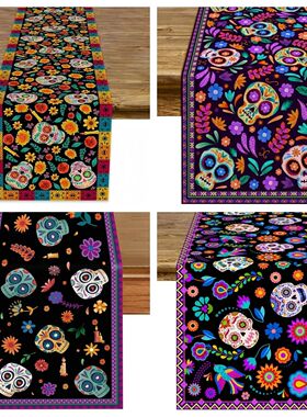 Day Of The Dead Polyester Table Runner Sugar Skull Floral Pr