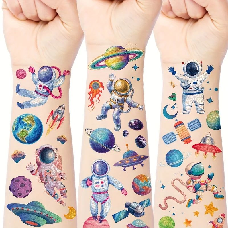 12 Sheets Glitter Cartoon Space Astronaut Temporary Tattoos