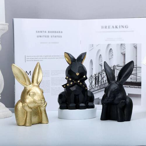 Cute Resin Rabbit Ornament Black White Rabbits Figurine for