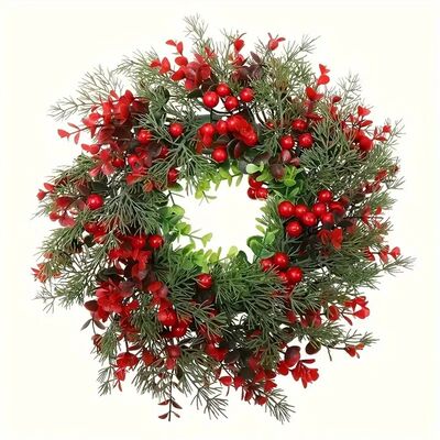 1Pc, Charming 13.8in Christmas Wreath with Red Eucalyptus Be