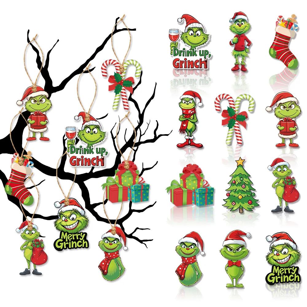 18Pcs 2D Acrylic Christmas Tree Green Monsters Ornaments Cut