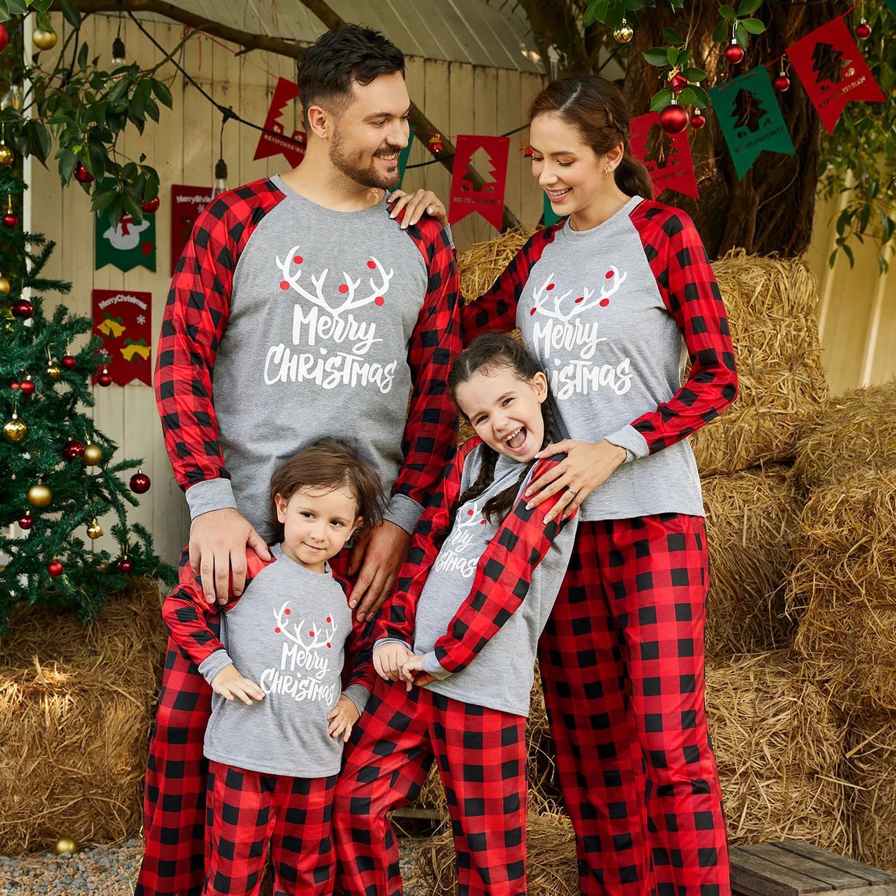 Christmas Deer Print Round Neck Patchwork Family Set 0520