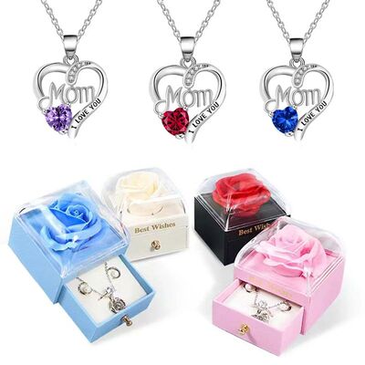 Birthstone Heart Pendant Necklace For Women With Rose Gift B