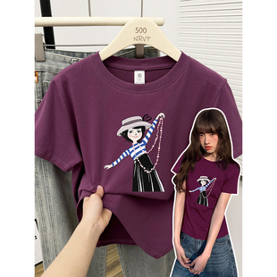 韩版休闲卡通印花正肩短袖t恤女修身高弹力棉胖mm大码女装上衣ins