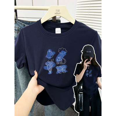 简约卡通蓝色动植物元素印花正肩T恤女百搭圆领短袖大码女装上衣