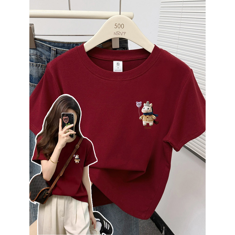 复古安哥拉红小马印花正肩短袖t恤女修身高弹力棉大码女装上衣ins,女装/女士精品,T恤,淘宝优惠券,粉丝福利购,淘宝优惠卷