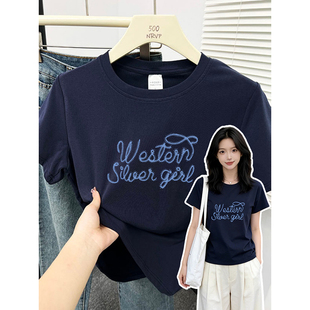 韩版洋气字母印花正肩短袖t恤女修身弹力时尚慵懒风大码女装上衣