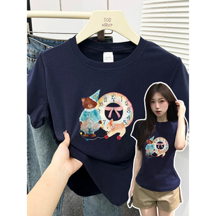 可爱卡通小熊印花正肩短袖t恤女修身高弹力棉小个子大码女装上衣