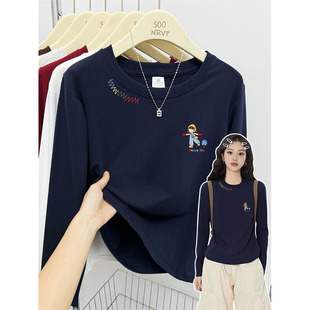 复古设计感正肩胖mm长袖大码女装t恤女韩系修身遮肉款弹力棉上衣