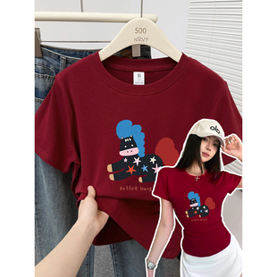 安哥拉红显白小马印花正肩短袖t恤女修身高弹力棉大码女装上衣ins