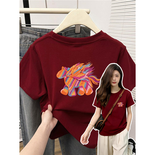设计感马年前后印花正肩短袖t恤女修身高弹力棉韩版大码女装上衣