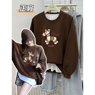 正肩仿刺绣小马印花长袖卫衣休闲圆领韩版加绒宽松大码女装上衣潮