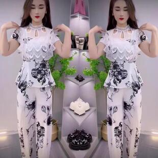 韩版时尚显瘦精致减龄两件套潮女夏季新款蕾丝镂空拼接洋派套装女