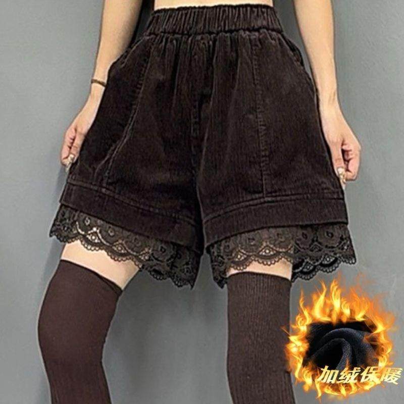 灯芯绒蕾丝拼接休闲阔腿裤2024秋冬松紧腰加绒保暖百搭女士短裤子