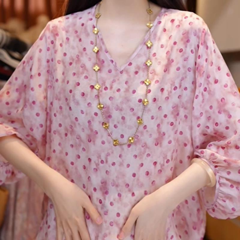 粉色V领波点雪纺衬衫女士夏季新款遮肚子显瘦上衣妈妈洋派小衫薄