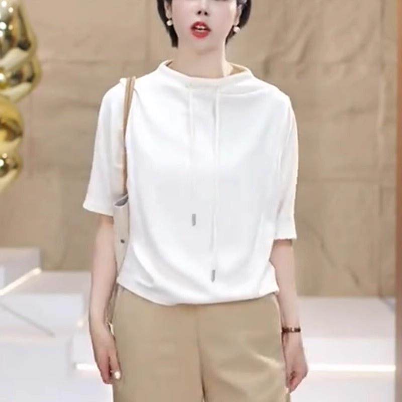 半高领白色短袖t恤女夏季2025新款时尚卫衣洋气宽松遮肚显瘦上衣
