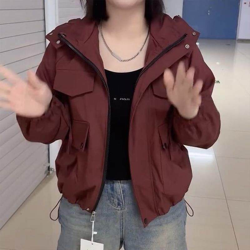 2025韩版春秋早秋连帽宽松拉炼冲锋衣外套短款上衣女时尚休闲夹克