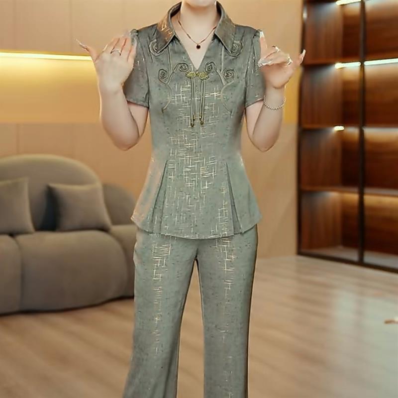 高端妈妈装两件套女夏季新款收腰显瘦时尚气质上衣裤子套装