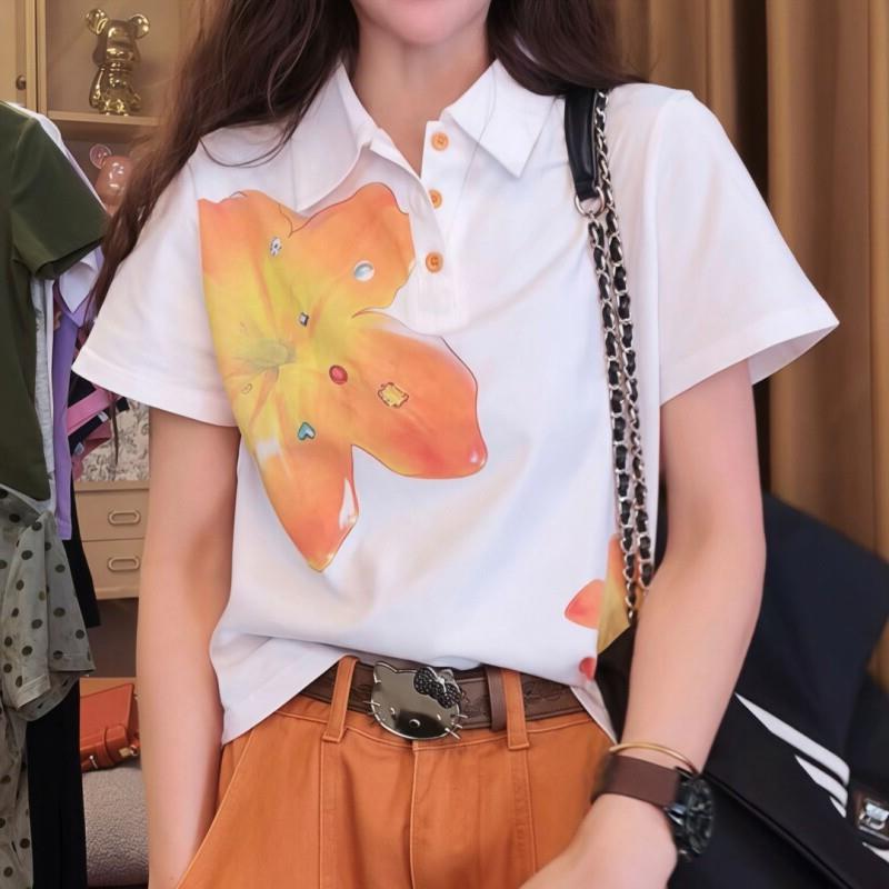 南瓜花瓣翻领短袖T恤女2026夏季新款时尚休闲宽松百搭显瘦POLO衫