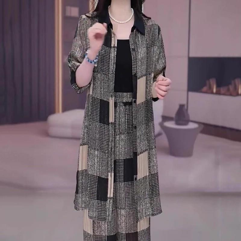 高端时尚韩版休闲套装女2025夏季新款轻奢宽松显瘦长版上衣+长裤