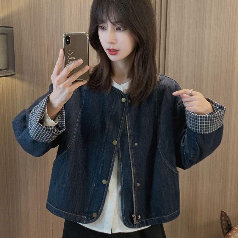 ins复古牛仔外套女2025春秋韩版设计感洋派圆领卷边格子长袖上衣