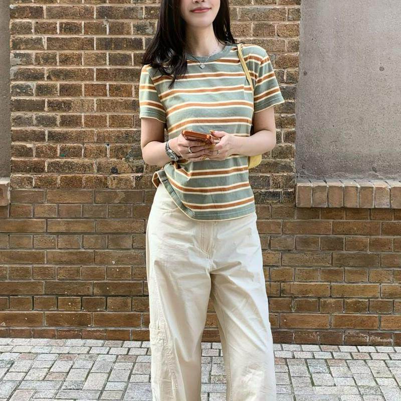 2026绿橘条纹时尚百搭宽松显瘦短袖T恤女