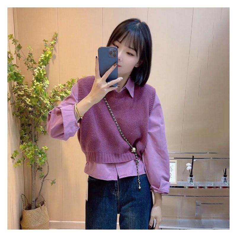 针织马甲背心女春秋2024新款宽松显瘦百搭翻领长袖衬衫两件套