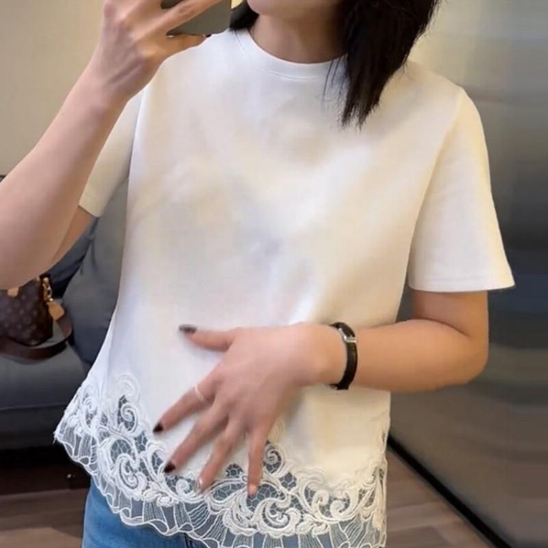 白色蕾丝拼接短袖t恤女夏季2025新款时髦小众设计感小衫圆领上衣