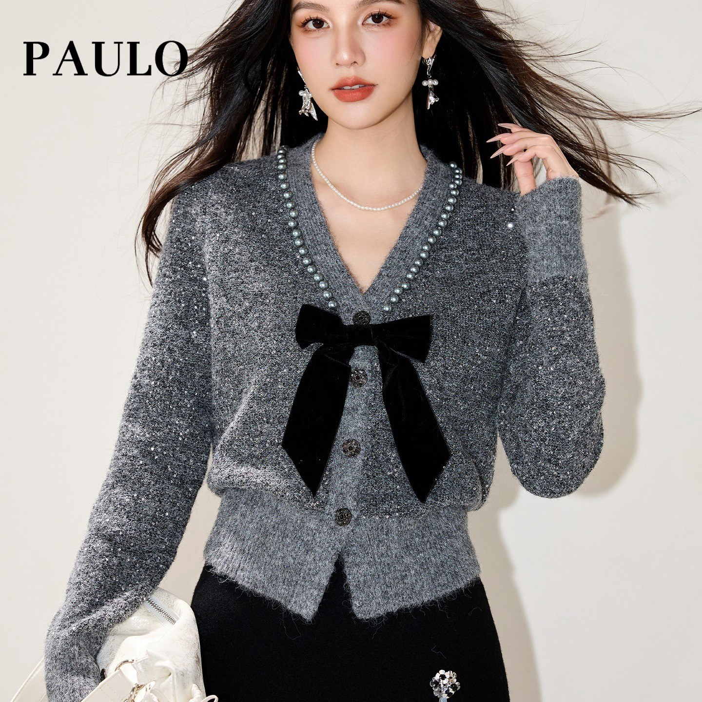 SRAVE PAULO 拉夫保罗小香风钉珠亮闪蝴蝶结V领毛衣女秋针织开衫