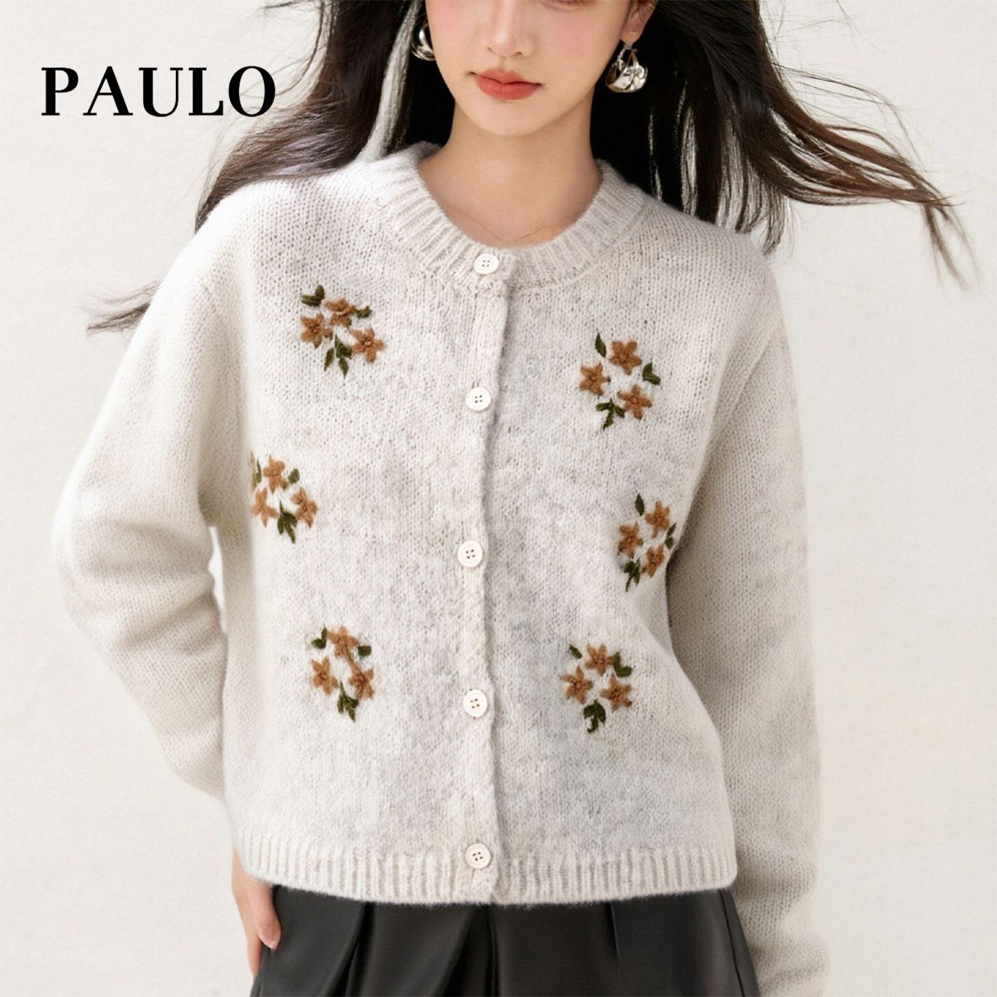 SRAVE PAULO 拉夫保罗韩系圆领绣花针织开衫毛衣女外套秋短款上衣