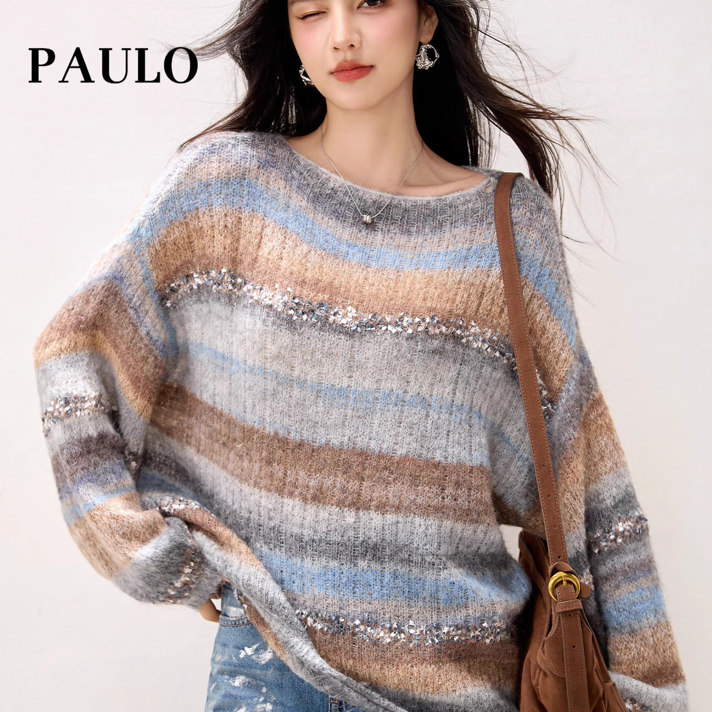 SRAVE PAULO 拉夫保罗少女条纹毛衣秋冬温柔缎染绵羊毛混纺针织衫